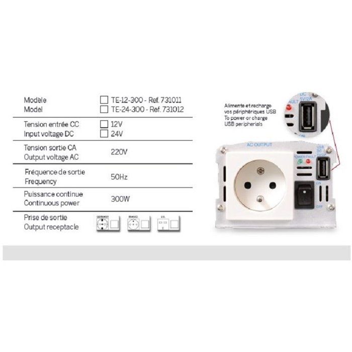 Convertisseur de tension - THOMSON - 24V/220 V - 300 W - Avec prise USB-A 2A livré avec cordon allume cigare