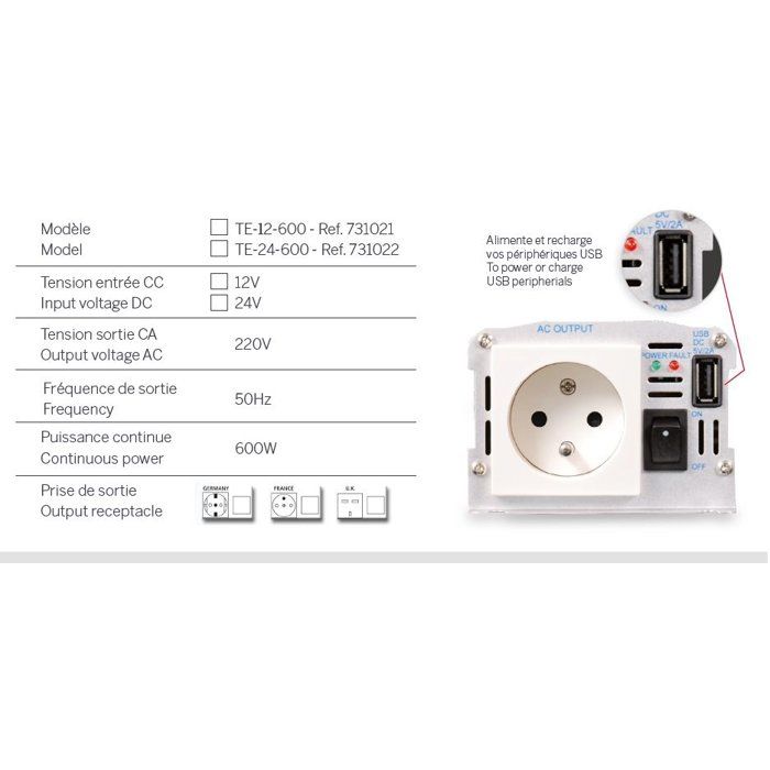Convertisseur de tension - THOMSON - 12V/220 V - Puissance 600 W - Avec prise USB 2A- Livré avec câbles batterie