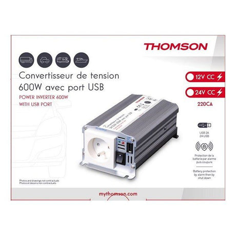 Convertisseur de tension - THOMSON - 12V/220 V - Puissance 600 W - Avec prise USB 2A- Livré avec câbles batterie