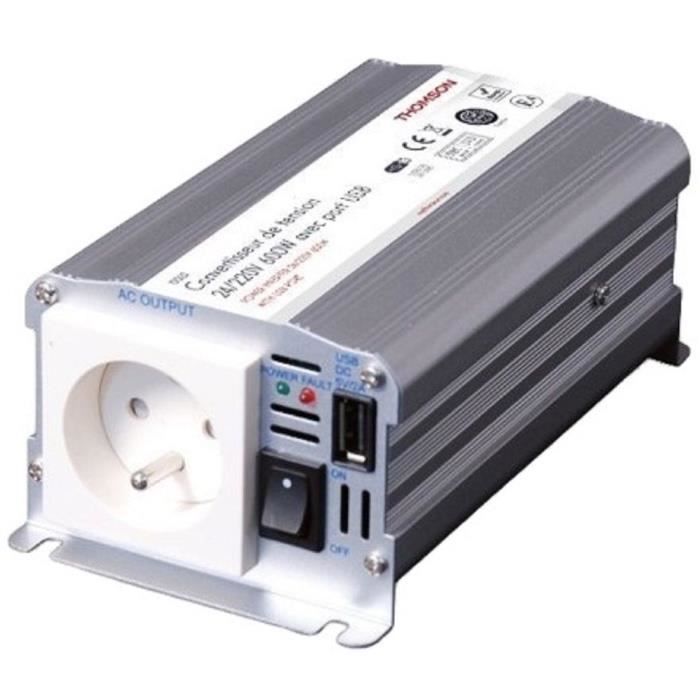 Convertisseur de tension - THOMSON - 24V/220 V - Puissance 600 W - Avec prise USB 2A- Livré avec câbles batterie