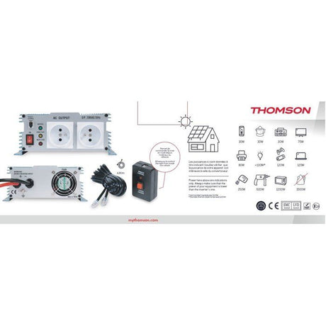 VConvertisseur de tension - THOMSON - 24V/220 V - Puissance 1200 W - Avec 2 prises secteur et télécommande avec fil de 4,80m