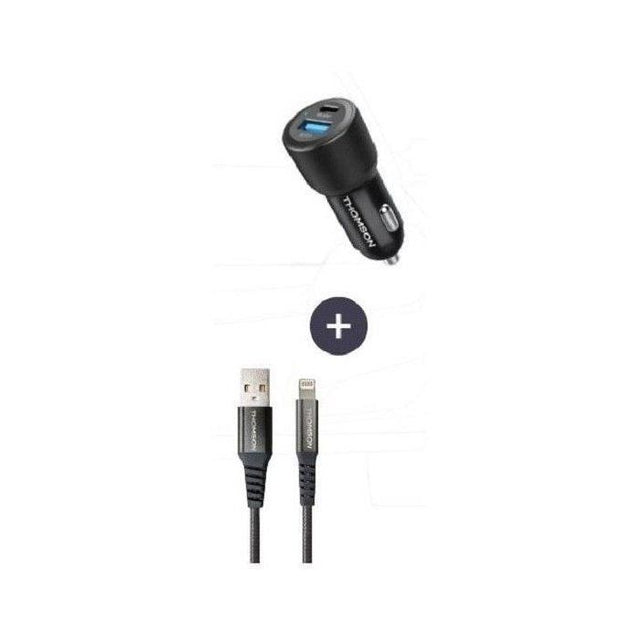 Pack chargeur de voiture +  câble - THOMSON - Chargeur de voiture 12/24V 60 W + Câble A vers L 3A haute performance- Longueur 1.50 m