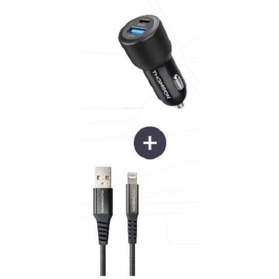 Pack chargeur + câble - THOMSON - Chargeur de voiture 60 W - Câble USB-A vers L 3A