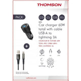 Pack chargeur de voiture +  câble - THOMSON - Chargeur de voiture 12/24V 60 W + Câble A vers L 3A haute performance- Longueur 1.50 m