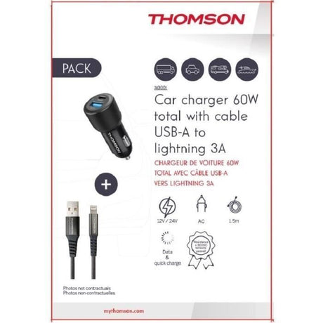 Pack chargeur de voiture +  câble - THOMSON - Chargeur de voiture 12/24V 60 W + Câble A vers L 3A haute performance- Longueur 1.50 m