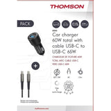 Pack chargeur de voiture +  câble - THOMSON- Chargeur de voiture 12/24V 60 W + Câble C vers C 65 W haute performance-Longueur 1.50 m