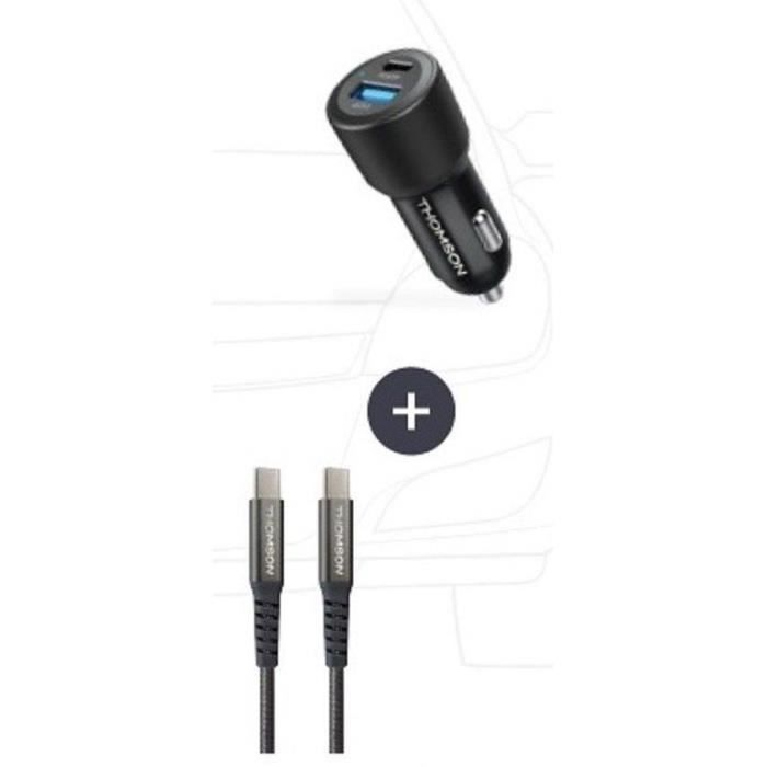 Pack chargeur de voiture +  câble - THOMSON- Chargeur de voiture 12/24V 60 W + Câble C vers C 65 W haute performance-Longueur 1.50 m
