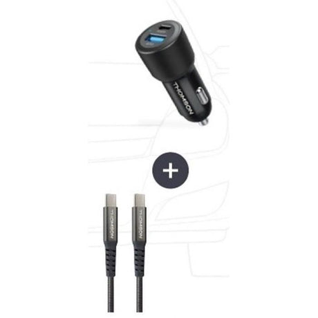 Pack chargeur de voiture +  câble - THOMSON- Chargeur de voiture 12/24V 60 W + Câble C vers C 65 W haute performance-Longueur 1.50 m