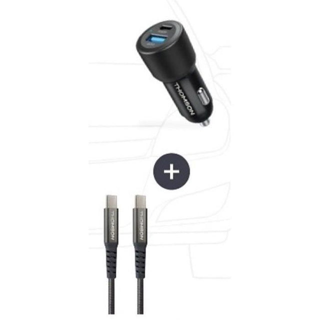 Pack chargeur de voiture +  câble - THOMSON- Chargeur de voiture 12/24V 60 W + Câble C vers C 65 W haute performance-Longueur 1.50 m