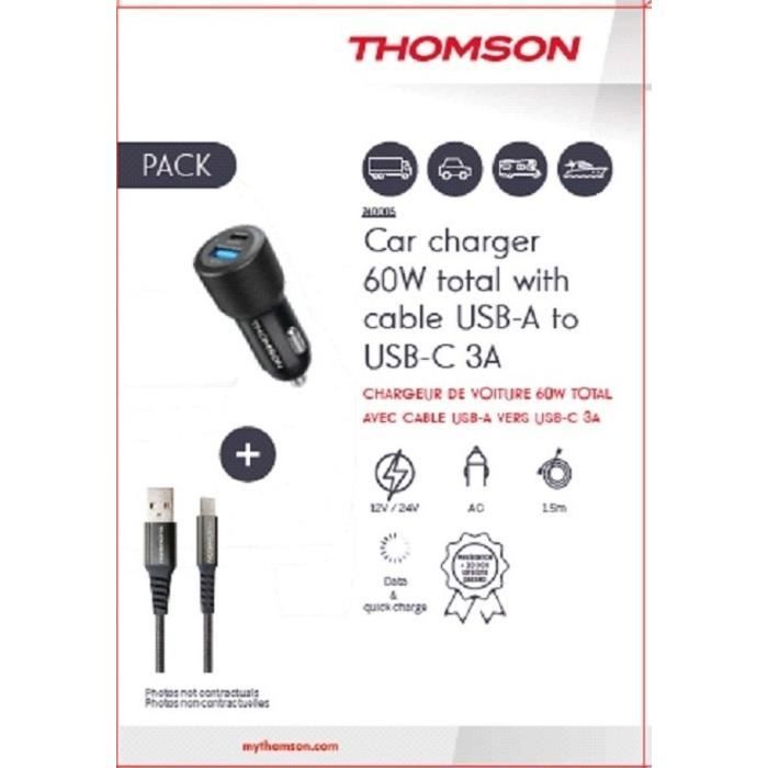 Pack THOMSON 2 en 1 avec chargeur de voiture 60 W et câble USB-A / USB-C 3A de charge et données de 1,50m