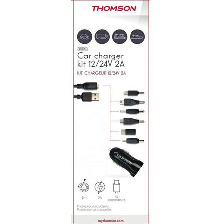 Kit chargeur de voiture Thomson 12/24V 2A avec 6 connecteurs:Compatible MINI USB–MICRO USB– NOKIA 6110 –NOKIA MINI-USB-C- LIGHTNING