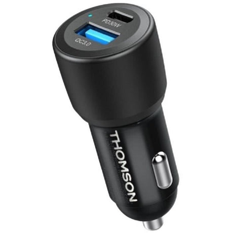 Chargeur voiture THOMSON-12/24V-60W -USB-C: PD 30W+ USB-A QC 3.0 30W avec protections surtensions, surintensités, courts-circuits.