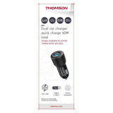 Chargeur voiture THOMSON-12/24V-60W -USB-C: PD 30W+ USB-A QC 3.0 30W avec protections surtensions, surintensités, courts-circuits.