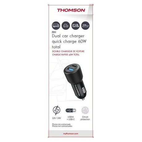 Chargeur voiture THOMSON-12/24V-60W -USB-C: PD 30W+ USB-A QC 3.0 30W avec protections surtensions, surintensités, courts-circuits.