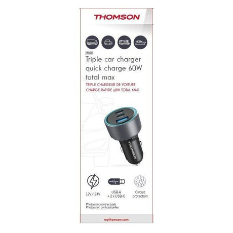 Chargeur voiture THOMSON-12/24V-60W 2x-USB-C: PD 30W+ USB-A QC 3.0 18W avec protections surtensions, surintensités, courts-circuits.