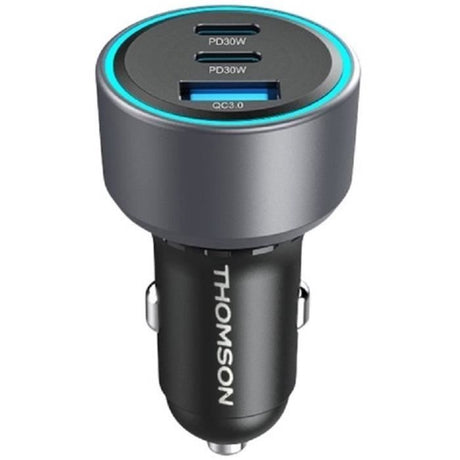Chargeur voiture THOMSON-12/24V-60W 2x-USB-C: PD 30W+ USB-A QC 3.0 18W avec protections surtensions, surintensités, courts-circuits.