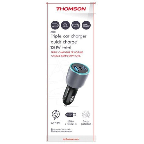 Chargeur voiture THOMSON- 12/24V- 130W -2 USB-C: PD 100W + PD 30W + QC 3.0 18W-Technologie GaN pour assurer une puissance élevée.