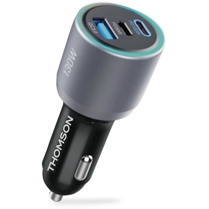 Chargeur voiture THOMSON- 12/24V- 130W -2 USB-C: PD 100W + PD 30W + QC 3.0 18W-Technologie GaN pour assurer une puissance élevée.