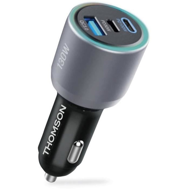 Chargeur voiture THOMSON- 12/24V- 130W -2 USB-C: PD 100W + PD 30W + QC 3.0 18W-Technologie GaN pour assurer une puissance élevée.