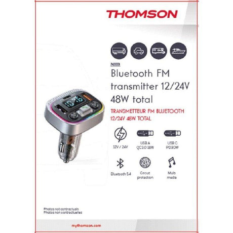 Transmetteur FM Bluetooth Version 5.4 - THOMSON - 12/24V - 48 W -QC 3.0 & PD 30W pour une charge rapide et efficace de vos appareils
