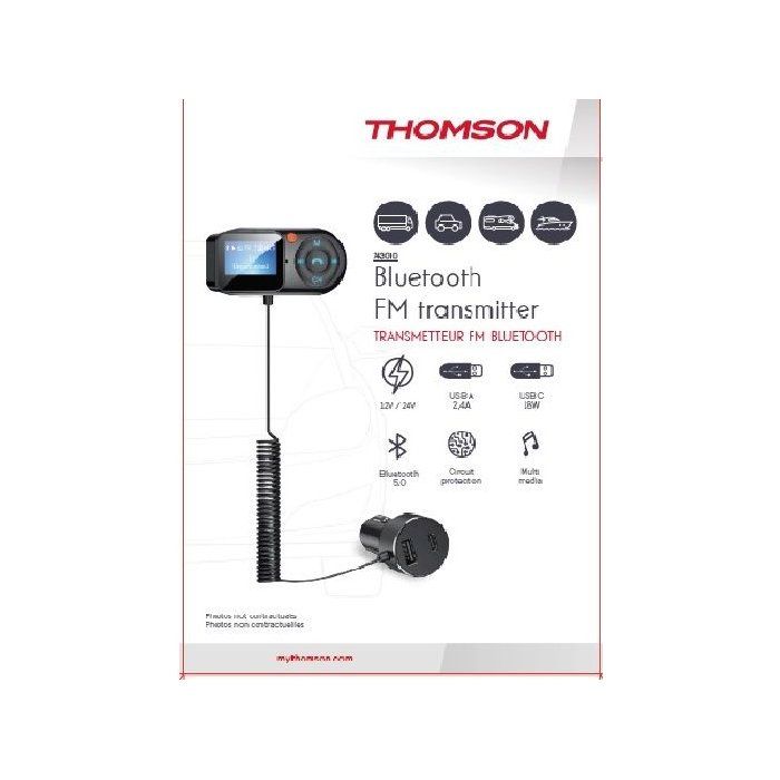 Transmetteur FM Bluetooth- THOMSON - 12/24V - Avec écran déporté - Câble spirale 1m - Avec fonction voltmetre et lecteur carte SD