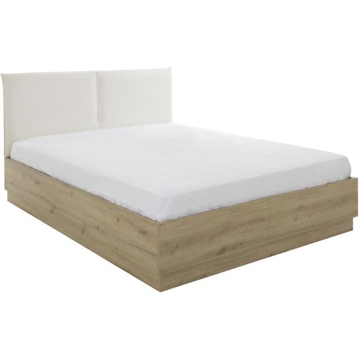 Lit coffre tete textile - TIDY - 160 x 200 cm - Chene / Ecru - Sommier inclus - GAMI