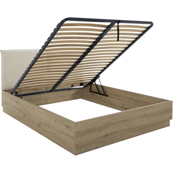 Lit coffre tete textile - TIDY - 160 x 200 cm - Chene / Ecru - Sommier inclus - GAMI