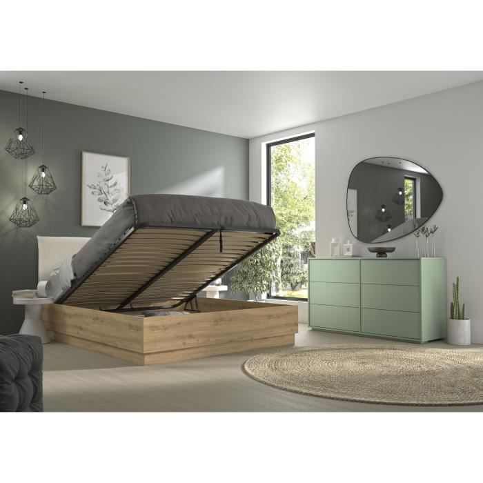Lit coffre tete textile - TIDY - 160 x 200 cm - Chene / Ecru - Sommier inclus - GAMI