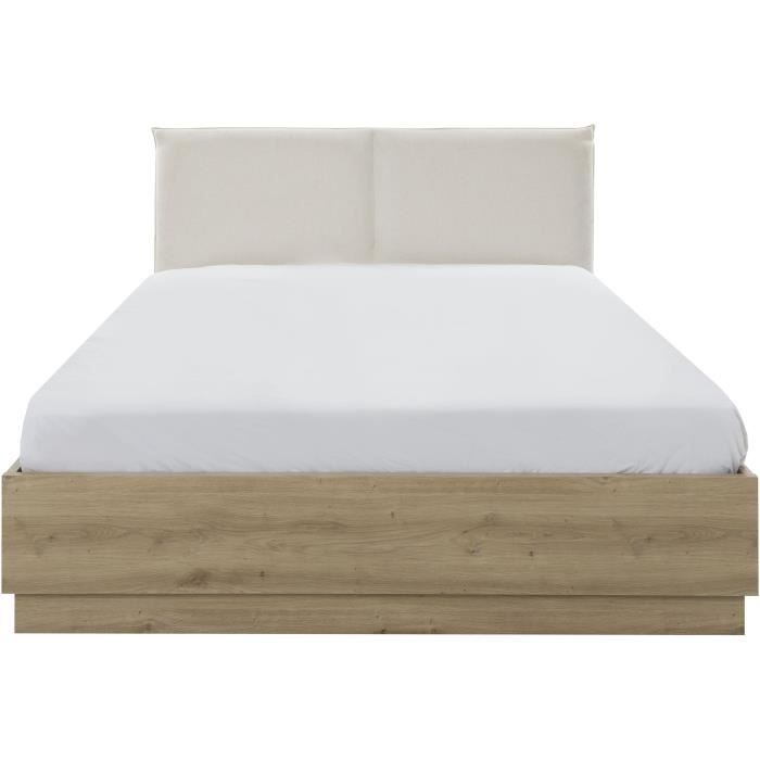 Lit coffre tete textile - TIDY - 160 x 200 cm - Chene / Ecru - Sommier inclus - GAMI
