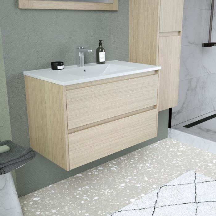 Ensemble de salle de bain - Meuble vasque L80 + miroir + colonne - TIMBER