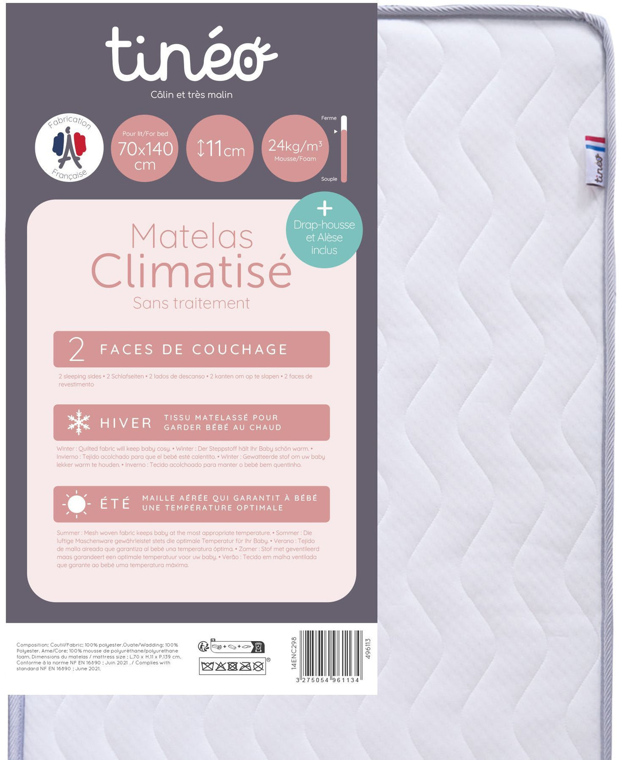 Matelas bébé climatisé - 70 x 140 cm - Epaisseur 11 cm - Avec Drap housse et Alese - TINEO
