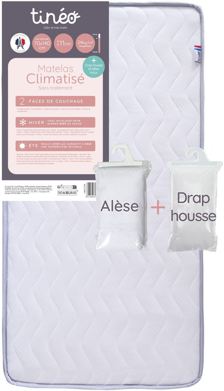Matelas bébé climatisé - 70 x 140 cm - Epaisseur 11 cm - Avec Drap housse et Alese - TINEO