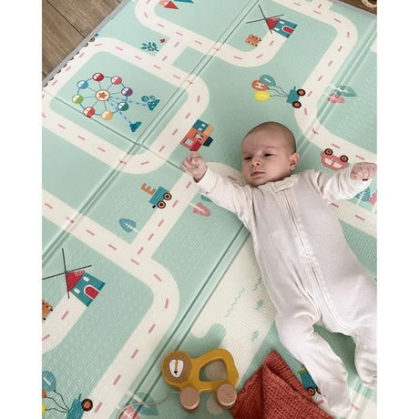 Maxi tapis d'éveil réversible - TINEO - 150 x 180 cm - Facade animaux / Circuit de voitures