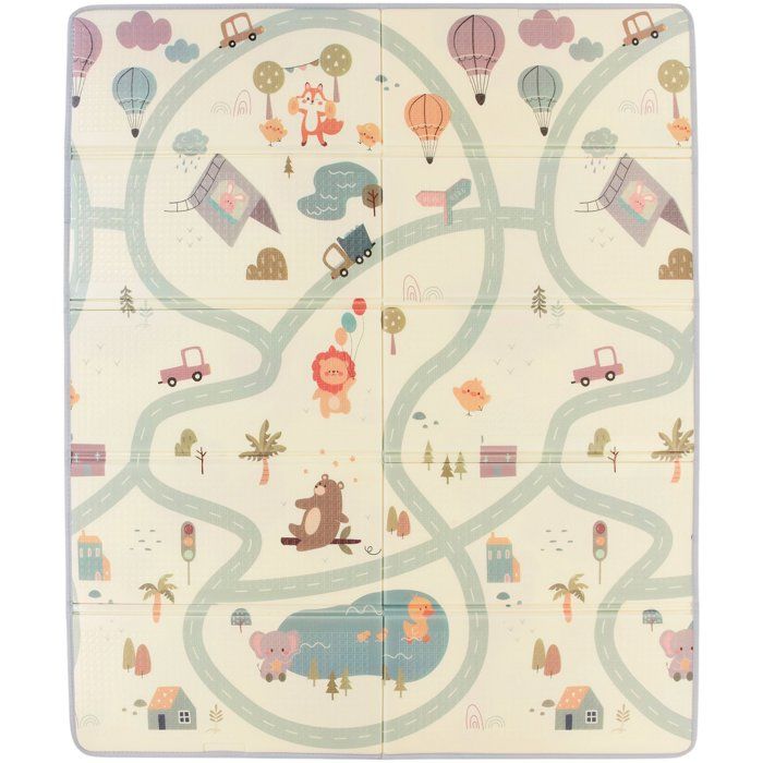 Maxi tapis d'éveil - TINEO - Réversible - 150 x 180 cm - Face animaux / Face circuit de voiture