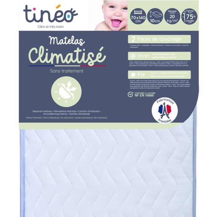 Matelas Climatisé 70x140x10cm - Matelas Bébé - Climatisé - 1 Face Été - 1 Face Hiver - Sans Traitement - Fabriqué En France