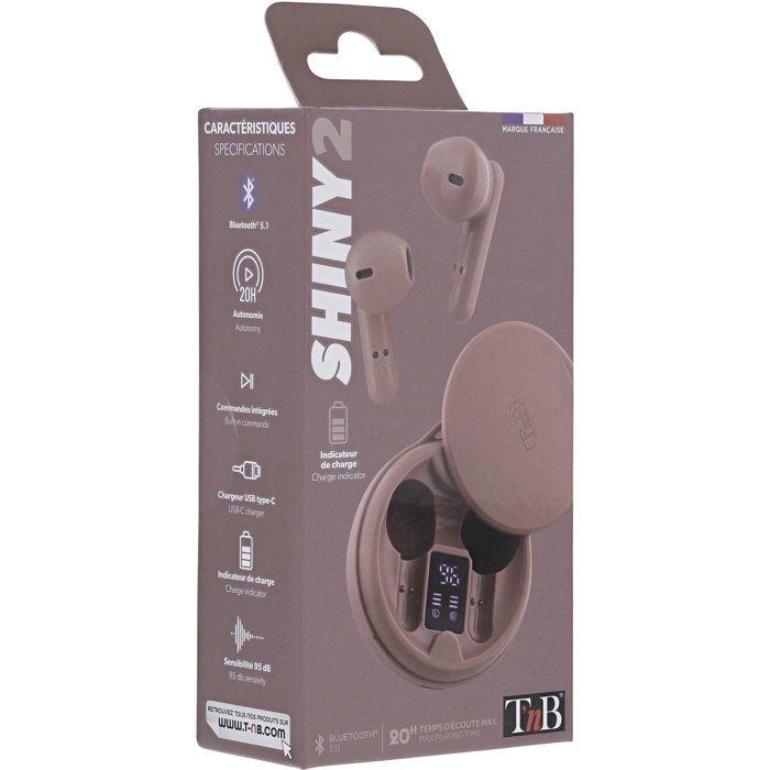 Ecouteurs sans fil TWS - T'nb - Shiny 2 - Boîtier de charge inclus - Bluetooth - Autonomie 20h - Contrôle tactile - Rose