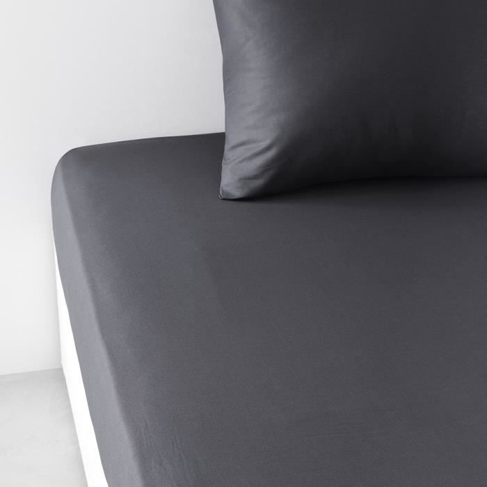 Drap housse TODAY Essential - 90 x 190 cm - 1 personne - 100% Coton uni - Fusain
