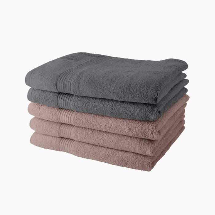 Lot de 5 Draps de Bain TODAY 70x130 cm 100% Coton - 3 roses des sables + 2 acier