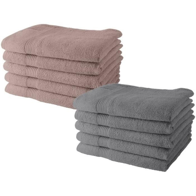 Lot de 10 Serviettes de Toilette - TODAY - 50 x 90 cm - 100% Coton - 5 Rose, 5 Acier