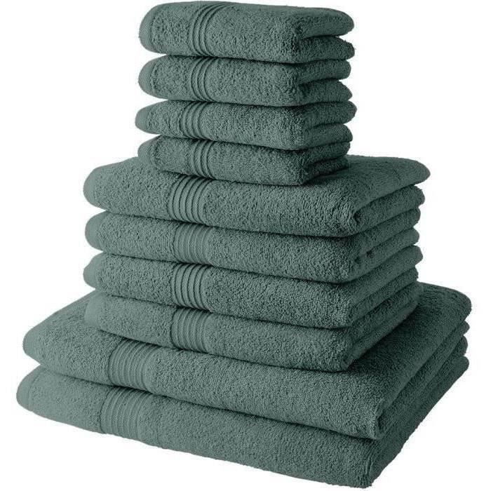 Lot de 10 serviettes de bain TODAY comprenant 4 serviettes 30x50 + 4 serveites 50x90 + 2 Draps de bain 70x130cm 100% Coton - Céladon