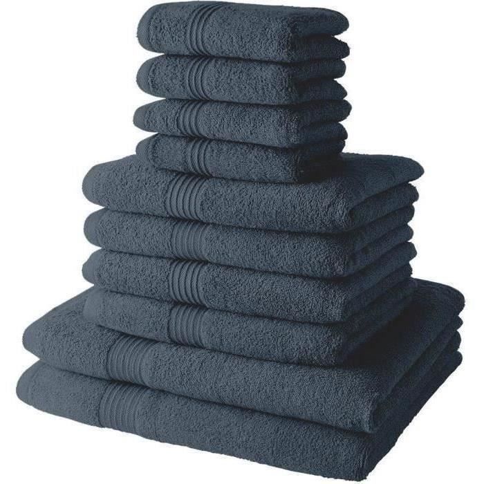Lot de 10 serviettes de bain TODAY comprenant 4 serviettes 30x50 + 4 serveites 50x90 + 2 Draps de bain 70x130 cm 100% Coton - Denim