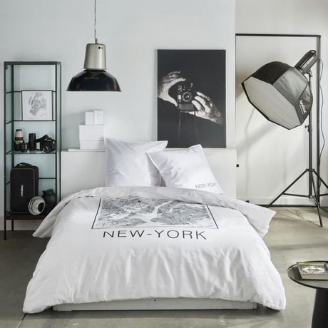 Parure de lit - TODAY - JAVA - 2 personnes - 240x220 cm - Coton - Imprimé New York - Blanc