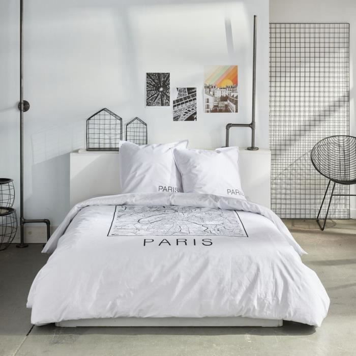 Parure de lit - TODAY - JAVA - 2 personnes - 240x220 cm - Coton - Imprimé Paris - Blanc