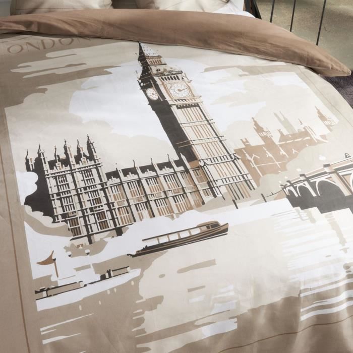 Parure de lit - TODAY - JAVA - 2 personnes - 240x220 cm - Coton - Imprimé London - Beige