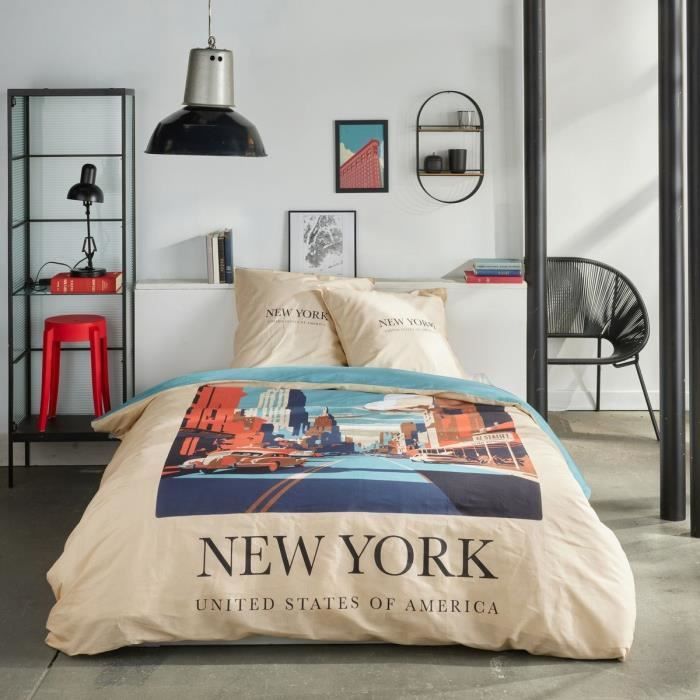 Parure de lit - TODAY - JAVA - 2 personnes - 240x220 cm - Coton - Imprimé New York - Beige