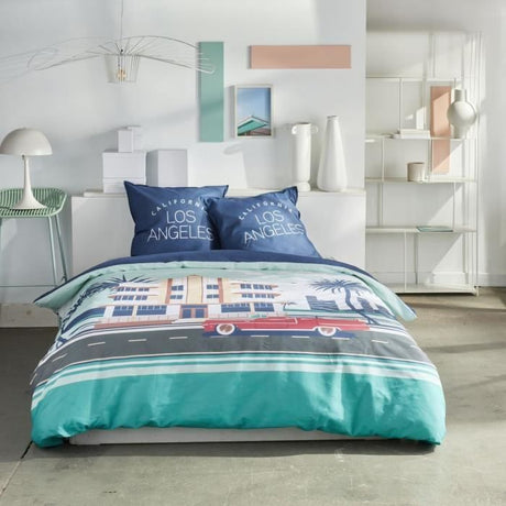 Parure de lit - TODAY - JAVA - 2 personnes - 240x220 cm - Coton - Imprimé Los Angeles - Bleu