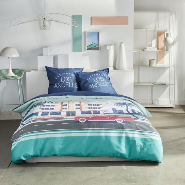 Parure de lit - TODAY - JAVA - 2 personnes - 240x220 cm - Coton - Imprimé Los Angeles - Bleu