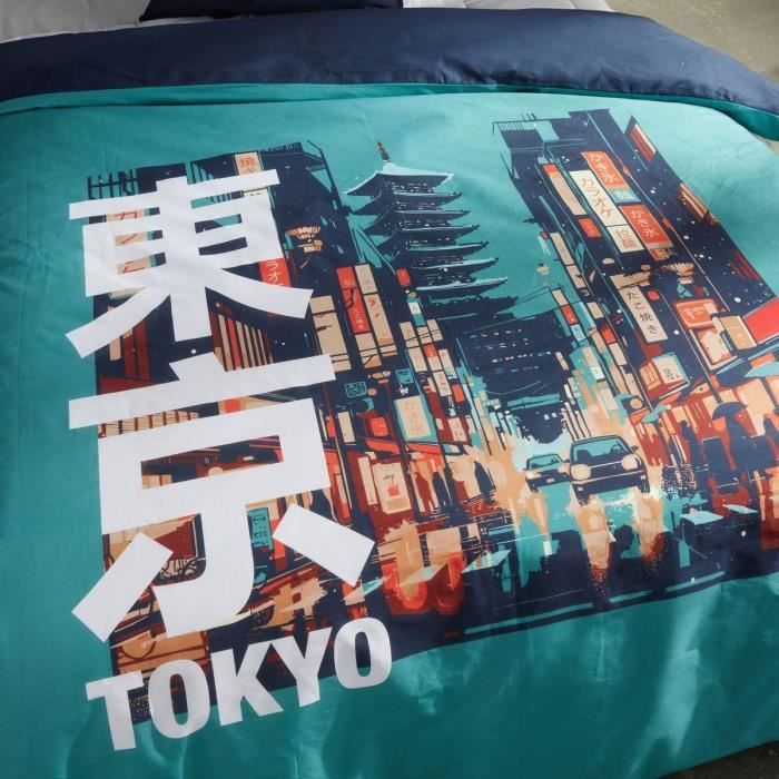 Parure de lit - TODAY - JAVA - 2 personnes - 240x220 cm - Coton - Imprimé Tokyo - Turquoise