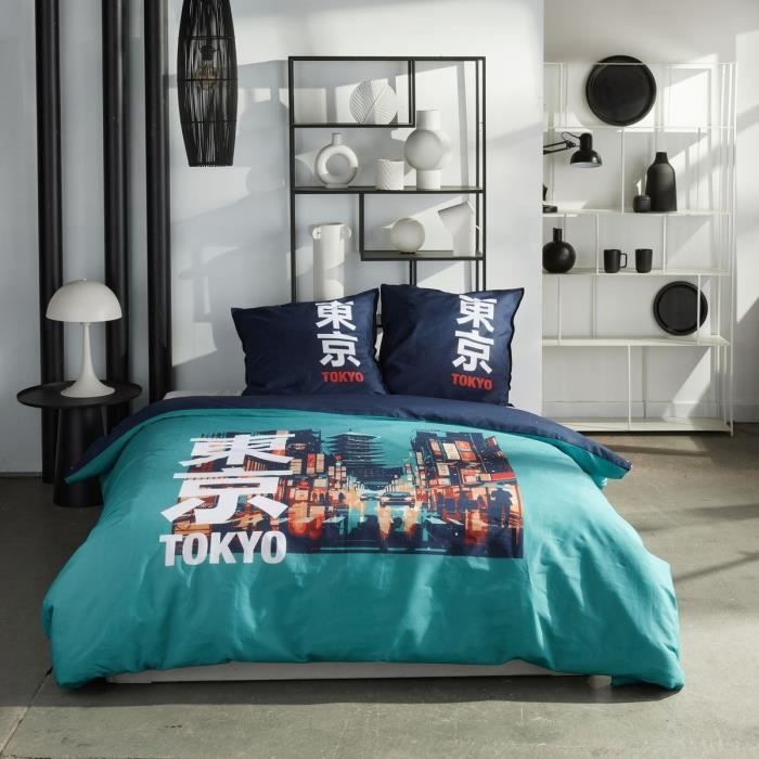 Parure de lit - TODAY - JAVA - 2 personnes - 240x220 cm - Coton - Imprimé Tokyo - Turquoise