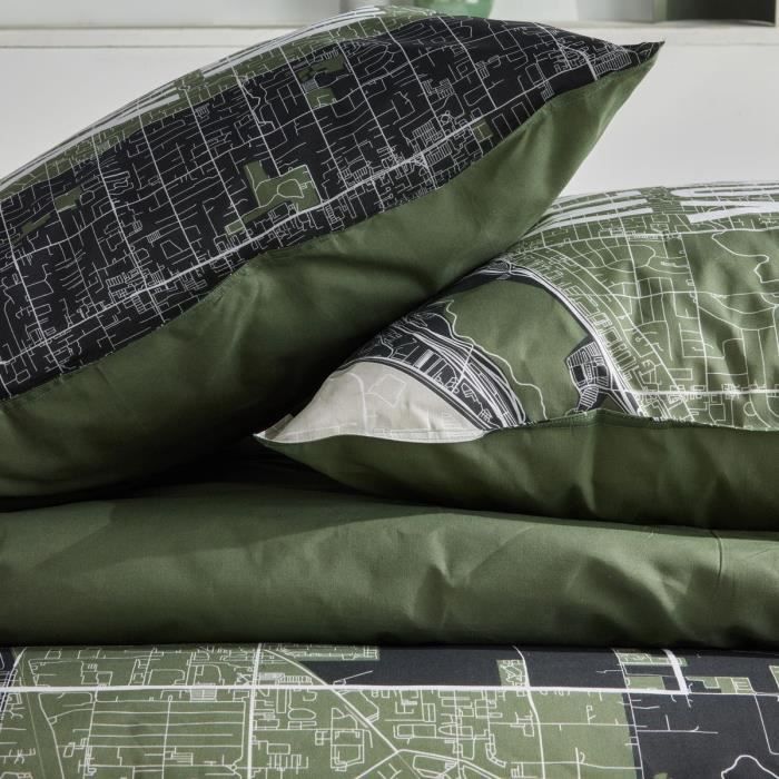 Parure de lit - TODAY - JAVA - 2 personnes - 240x220 cm - Coton - Imprimé New York - Vert